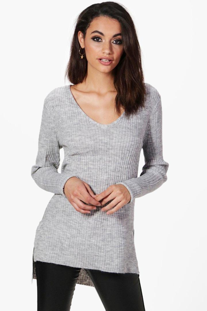 Boohoo Lisa Fine Knit V-neck Side Split Jumper Silver