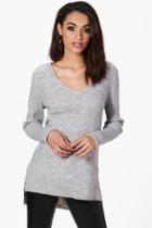 Boohoo Lisa Fine Knit V-neck Side Split Jumper Silver