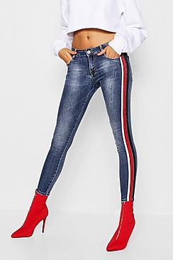 Boohoo Mid Rise Side Stripe Skinny Jeans