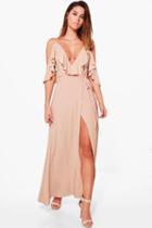 Boohoo Lyla Frill Detail Drop Shoulder Wrap Tie Maxi Dress Stone