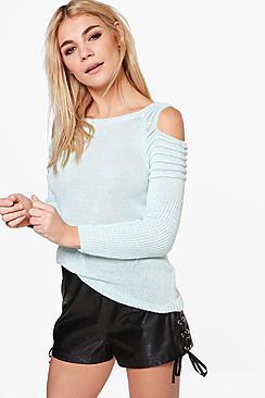 Boohoo Harriet Contrast Rib Cold Shoulder Jumper