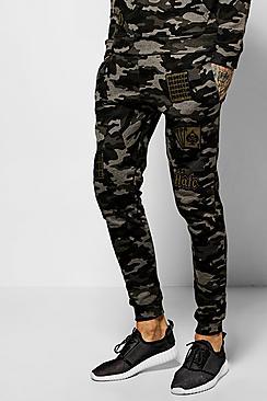 Boohoo Skinny Fit Camo Joggers With Badges