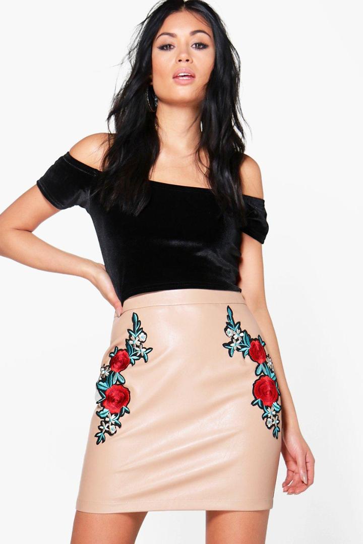 Boohoo Elle Embroidered A Line Leather Look Mini Skirt Nude