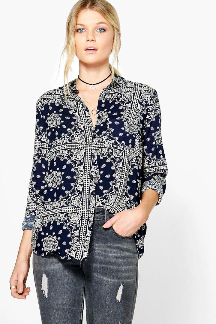 Boohoo Molly All Over Printed Blouse Navy
