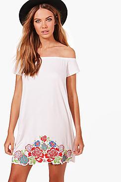Boohoo Serena Off The Shoulder Printed Laser Cut Shift Dress