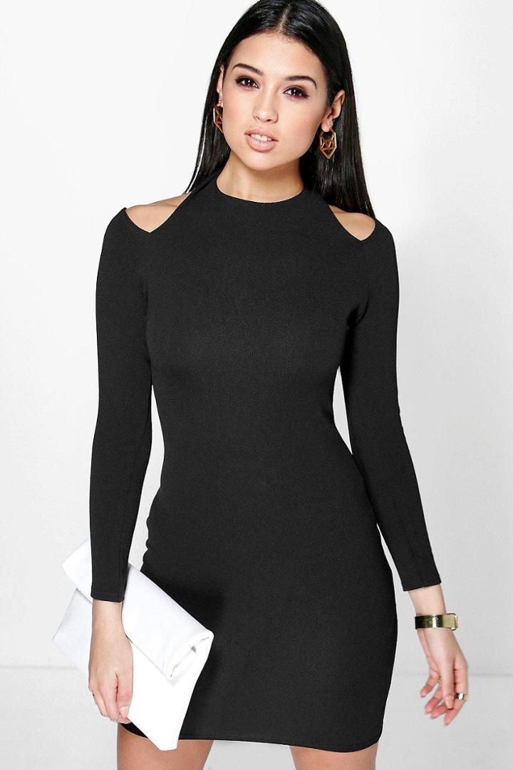 Boohoo Mel Long Sleeve Cut Out Shoulder Bodycon Dress Black