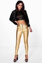 Boohoo Suri Metallic Coated 3 Button Skinny Trousers
