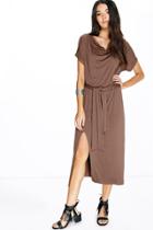 Boohoo Aisha Tie Waist Drape Kimono Midi Dress Khaki