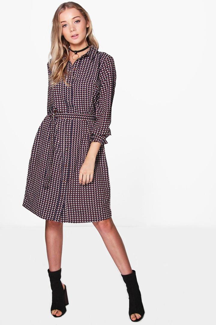 Boohoo Twila Geo Print Belted Shirt Dress Burgundy