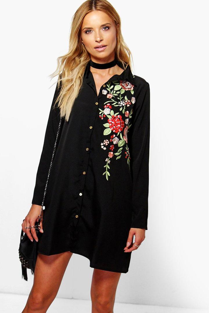 Boohoo Taylor Embroidered Boxy Shirt Dress Black