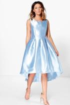 Boohoo Boutique Lia Sateen Dip Hem Skater Dress Blue