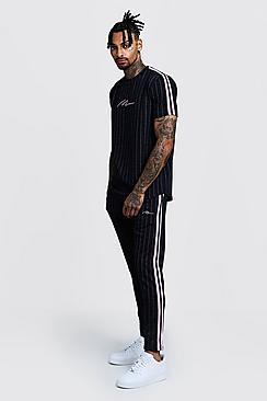 Boohoo Man Signature Curve Hem Pinstripe T-shirt & Jogger Set