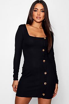 Boohoo Mock Horn Button Long Sleeve Ribbed Mini Dress
