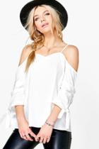 Boohoo Ava Cold Shoulder Ruched Sleeve Top White