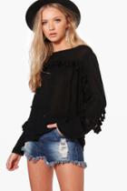 Boohoo Martha Woven Tassel Trim Long Sleeve Top Black