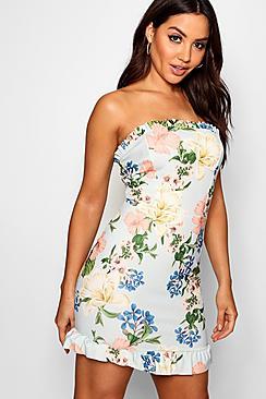 Boohoo Kelly Tropical Print Bandeau Frill Bodycon Dress