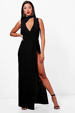 Boohoo Ana Choker One Shoulder Split Leg Maxi Dress
