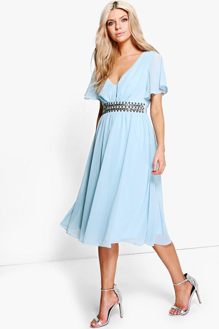 Boohoo Boutique Emi Embellished Waist Midi Dress Sky