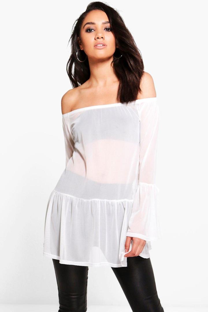 Boohoo Petite Jane Mesh Bardot Top Cream