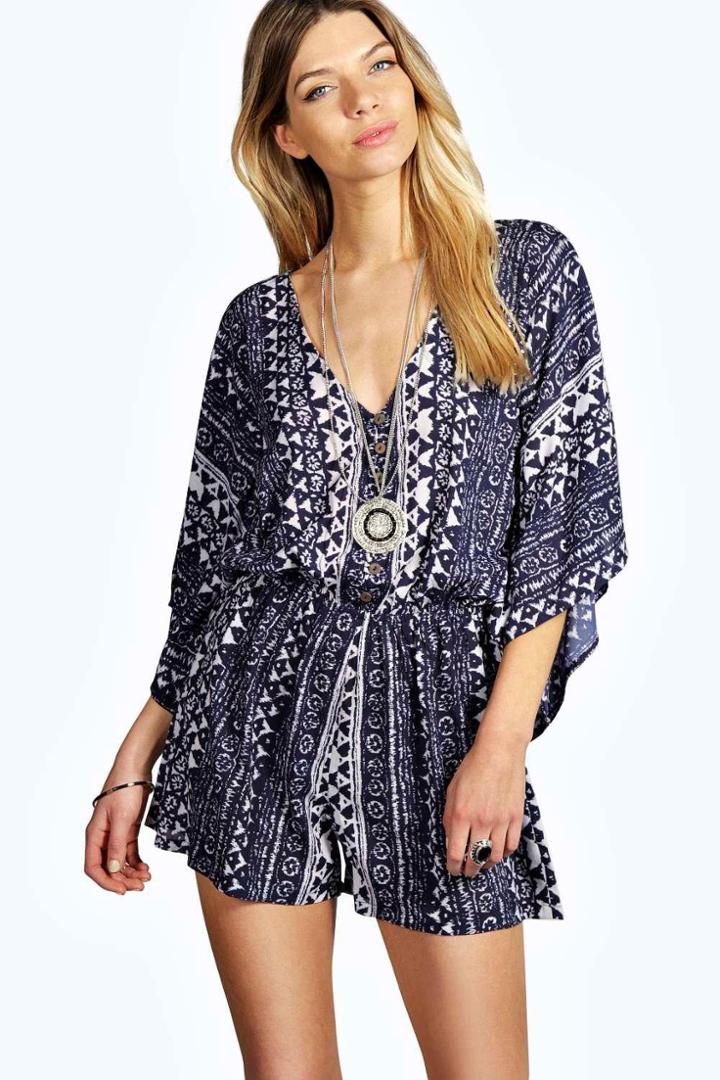 Boohoo Suzy Blue Printed Kimono Style Playsuit Blue