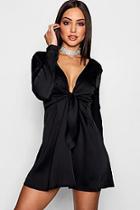 Boohoo Knot Front Luxe Satin Woven Skater Dress