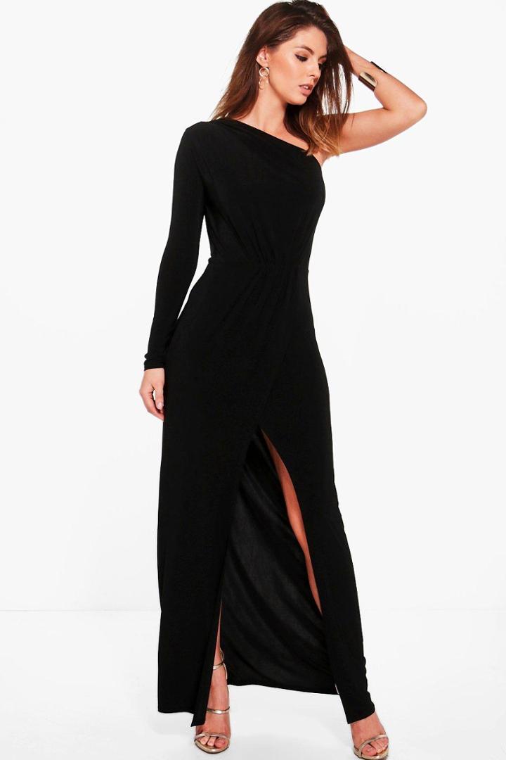 Boohoo Caia One Shoulder Wrap Slinky Maxi Dress Black