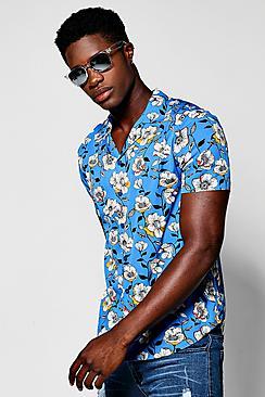 Boohoo Blue Floral Print Short Sleeve Shirt