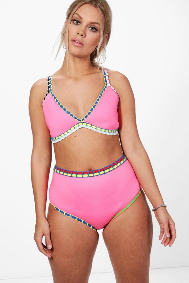 Boohoo Plus Kitty Geo Print Colour Pop High Waist Bikini Pink