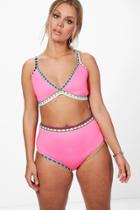 Boohoo Plus Kitty Geo Print Colour Pop High Waist Bikini Pink