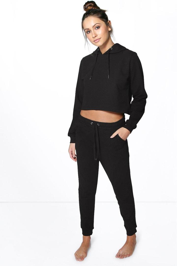 Boohoo Sophie Crop Hoodie And Jogger Lounge Set Black