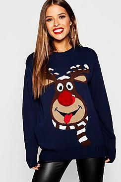 Boohoo Petite Reindeer Pom Pom Christmas Jumper