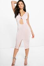 Boohoo Abbey Textured Slinky Twist Front Midi Dress Nude