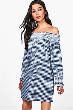 Boohoo Monica Gingham Off Shoulder Shift Dress