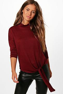 Boohoo Petite Naomi Knot Front Slouchy Turtle Neck Jumper