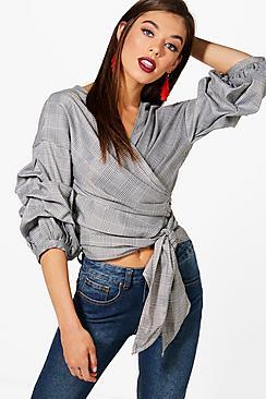 Boohoo Alice Check Wrap Ruche Sleeve Blouse