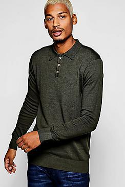 Boohoo Long Sleeve Knitted Cotton Polo