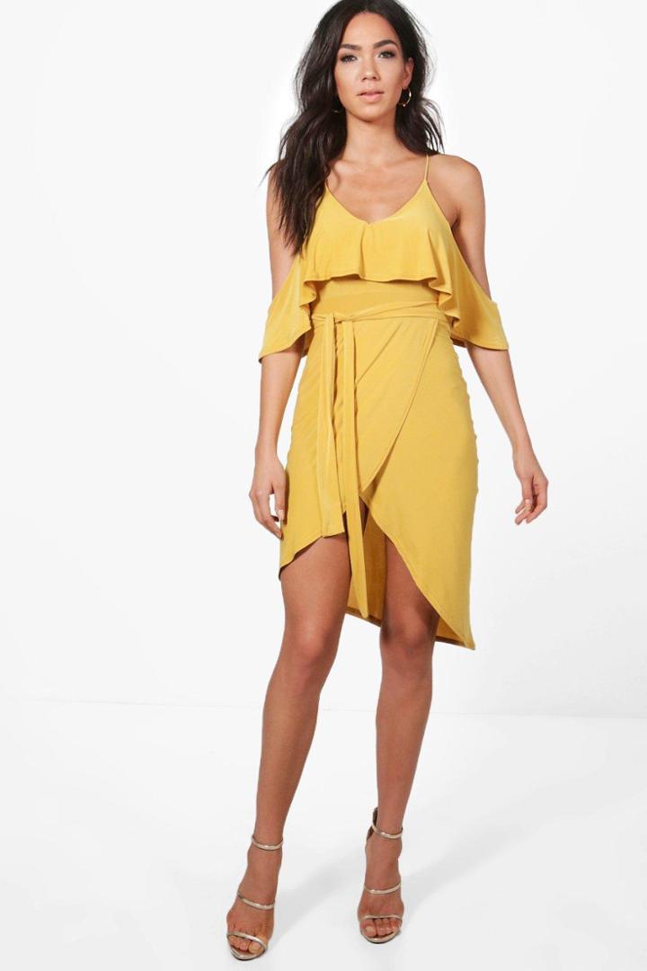 Boohoo Ella Clinky Cold Shoulder Wrap Midi Dress Honeydew