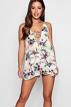 Boohoo Petite Palm Print Open Back Woven Playsuit