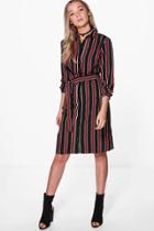 Boohoo Drew Striped Print Belted Shirt Dress Black