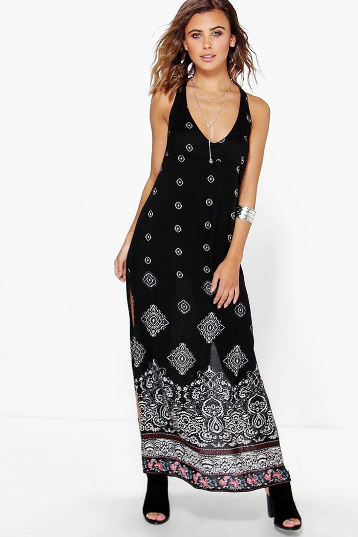 Boohoo Petite Eden Back Detail Printed Woven Maxi Dress Black
