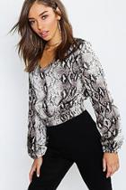 Boohoo Satin Snake Print Button Detail Crop Blouse