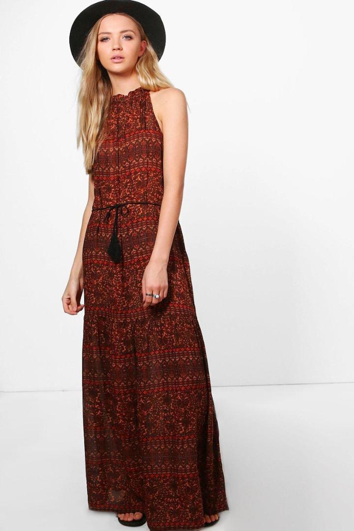 Boohoo Maria Printed Tassle Trim Maxi Dress Rust