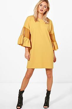Boohoo Mesh Detail Frill Sleeve Shift Dress