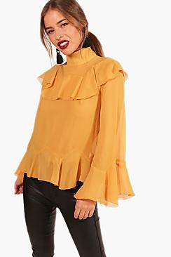 Boohoo Petite Jackie Chiffon Ruffle Wide Sleeve Top