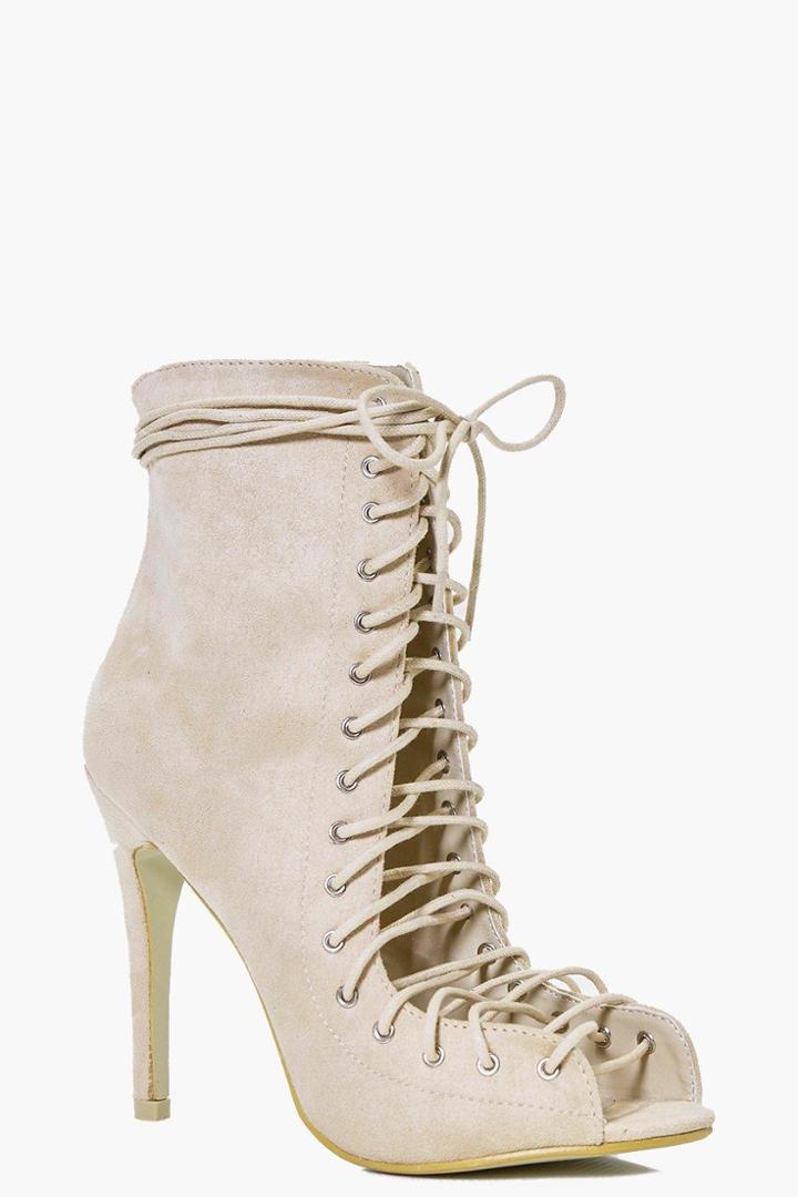 Boohoo Emily Lace Up Heeled Shoe Boot Nude
