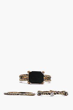 Boohoo Iris Black Stone Mixed 3 Ring Pack
