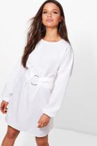 Boohoo Lucie O Ring Belt Woven Shift Dress White