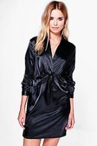 Boohoo Brianna Satin Knot Front Shirt Dress