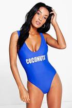 Boohoo Monaco Coconuts Scoop Back Slogan Swimsuit
