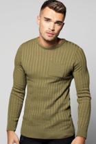 Boohoo Knitted Crew Neck Jumper With Patch Pocket Khaki